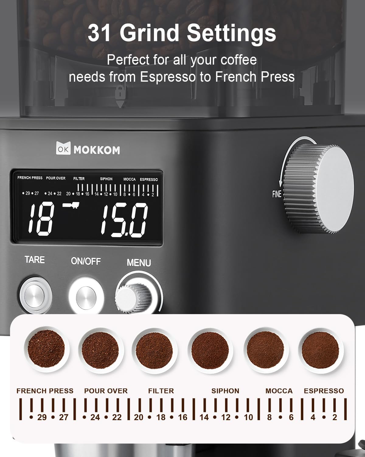 MOKKOM Coffee Grinder with Removable Coffee Scale via Bluetooth Connectivity, Anti-static Conical Burr Coffee Bean Grinder, 31 Precise Settings for Espresso/Drip/Pour Over/Cold Brew/French Press
