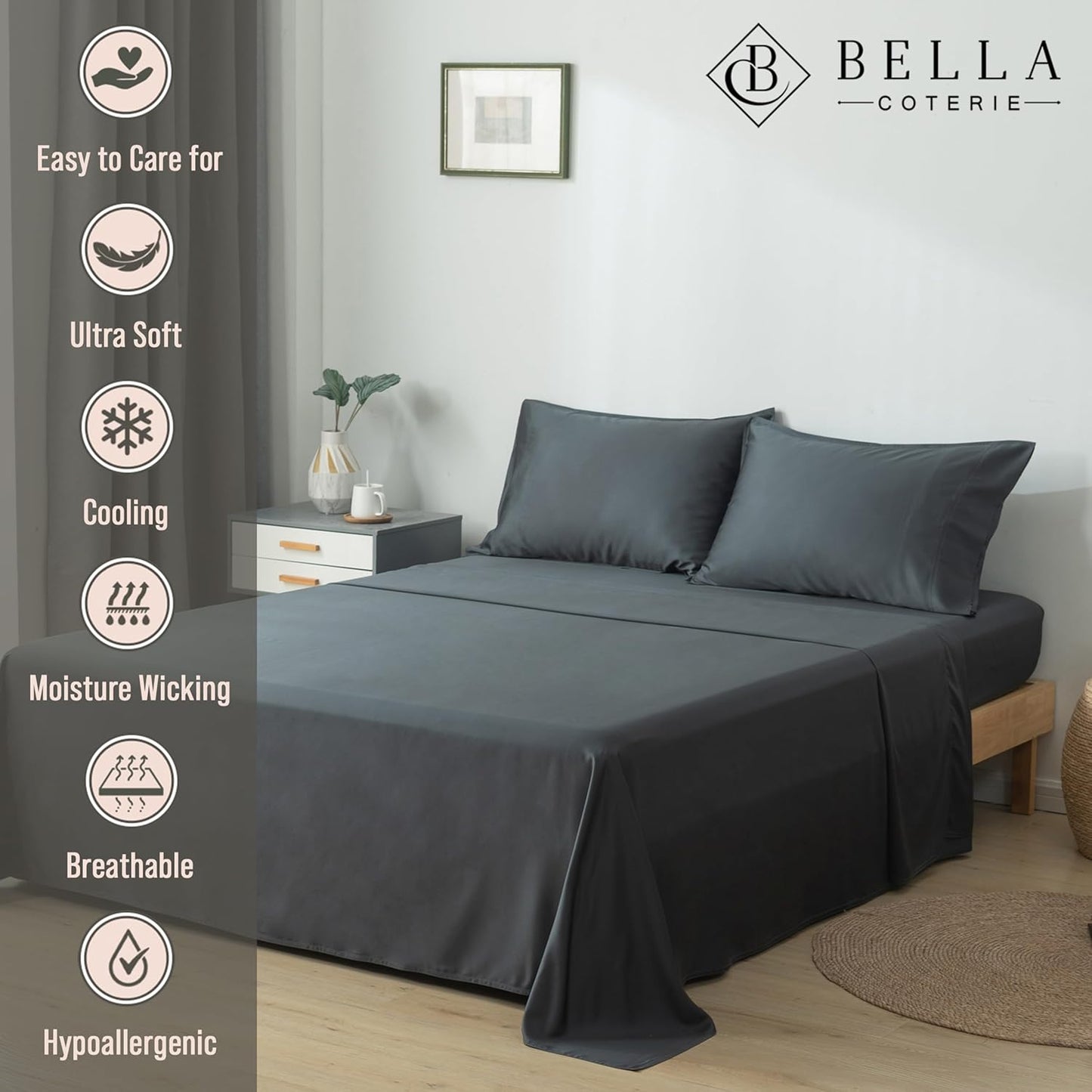 Bella Coterie Luxury Bamboo Viscose Twin Size Sheet Set | 100% Organically Grown | Ultra Soft | Cooling for Hot Sleepers | 18" Deep Pocket [Charcoal Grey]