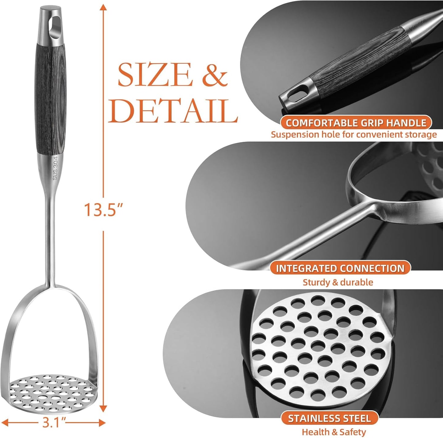 Potato Masher Stainless Steel, Heavy Duty Mashed Potatoe Masher,Professional Integrated Food Masher for Avocado, Potatoes, Beans, Meat, Vegetables (Black wooden handle Masher)