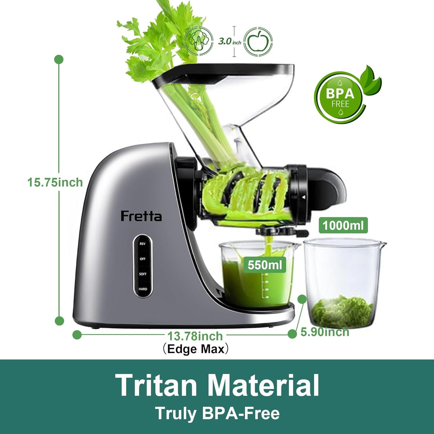 Juicer Machines Vegetable and Fruit, Cold Press Juicer, High Juice Yield Masticating Juicer,Juicer Squeezer with Reverse Function, Tritan Material, Easy to Use and Clean 200W(Silver)