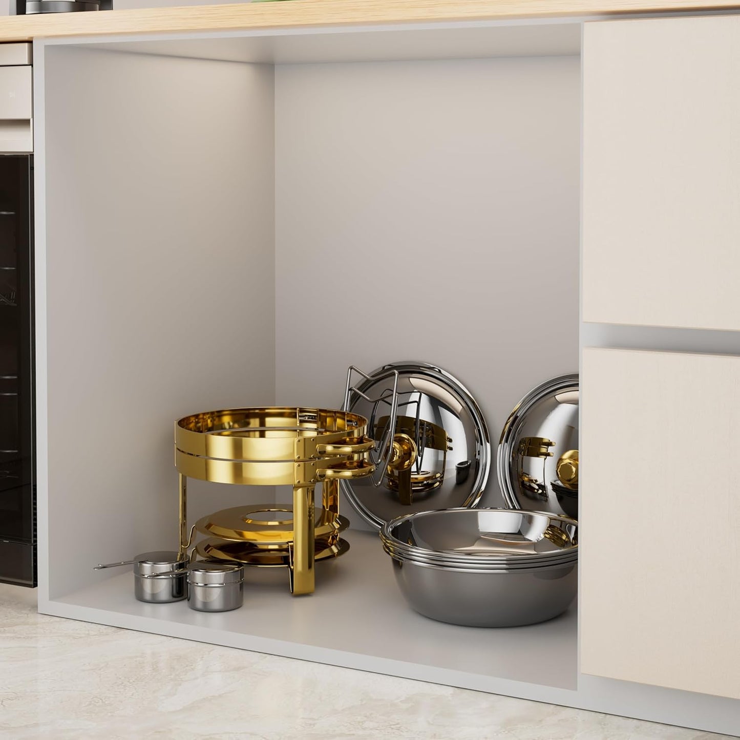 Chafing Dishes for Buffet, 4 Pack 5QT Round Stainless Steel Chafing Dish Set for Home Parties, Christmas Gatherings, Catering Events Complete Buffet Warmer Set (Golden 2)