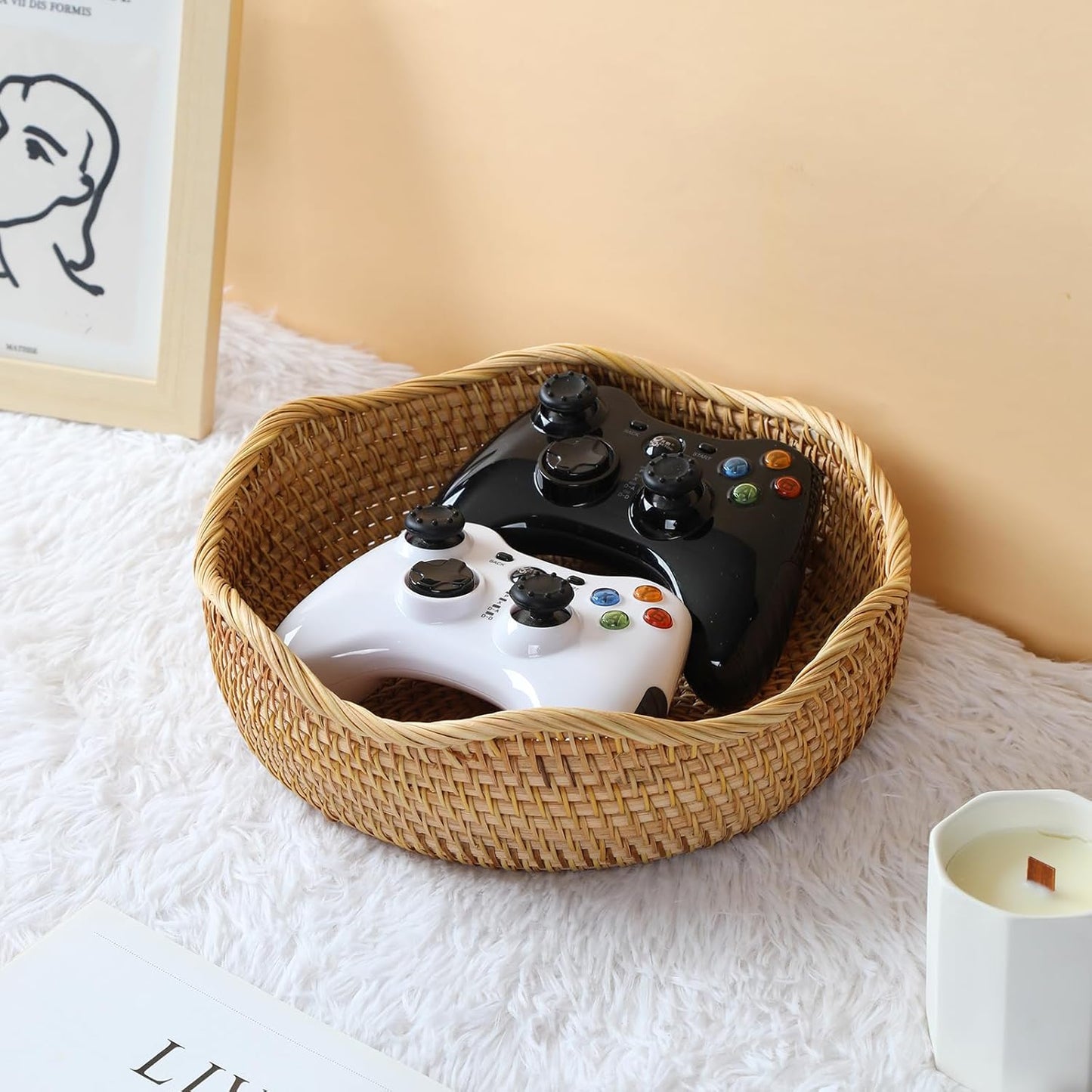 YANGQIHOME Rattan Bread Basket, Round Fruit Baskets, Scalloped Wicker Storage Bowls, Natural Woven Serving Basket Bowls, Decorative Baskets for Kitchen Counter Organizing, 1 Pack, M size