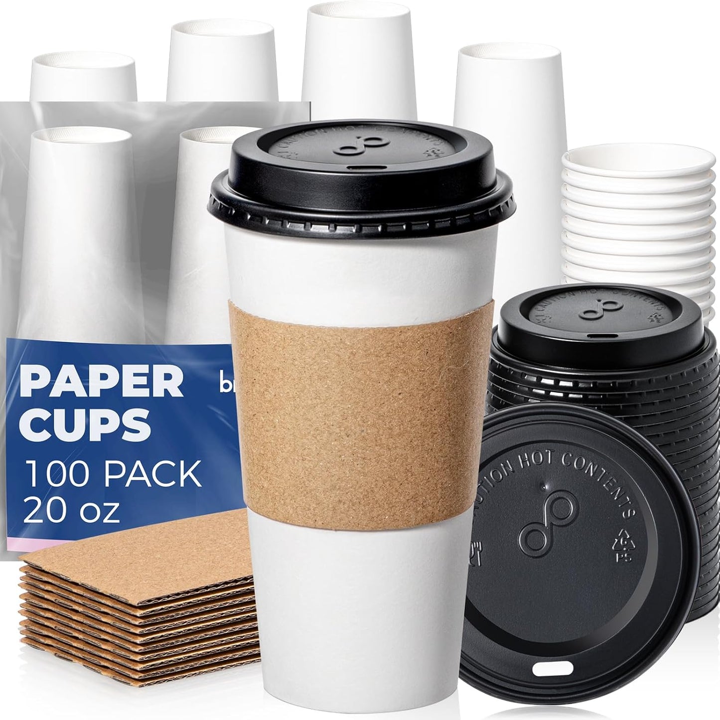 Fit Meal Prep 100 Pack 20 oz Disposable Coffee Cups with Lids, Sleeves, Leak-Proof To Go Coffee Cups with Lids, Durable Paper Cups for Hot Beverage, Home, Office, Party