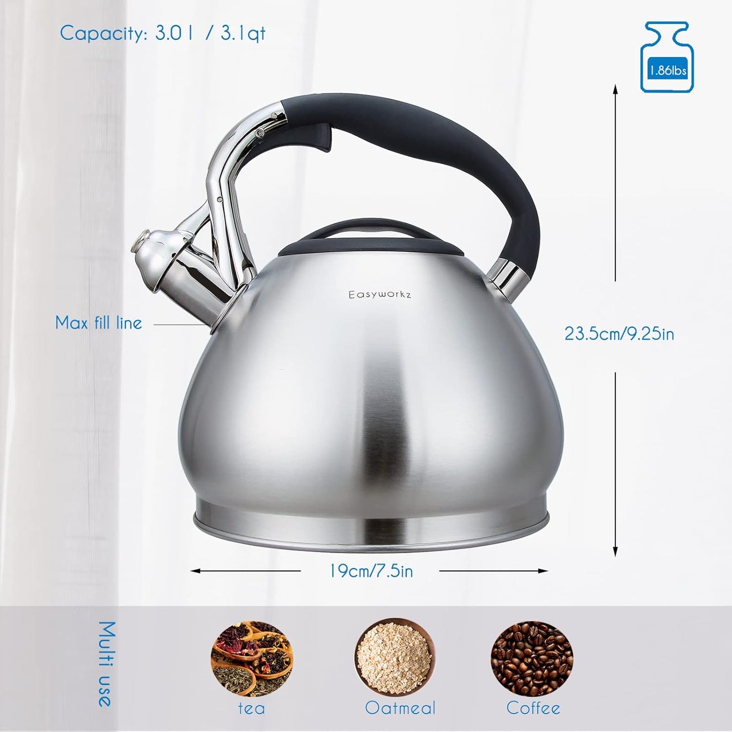 Easyworkz Whistling Stovetop Tea Kettle Food Grade Stainless Steel Hot Water Tea Pot With Loud Whistle,3.1 Quart(3.0l)