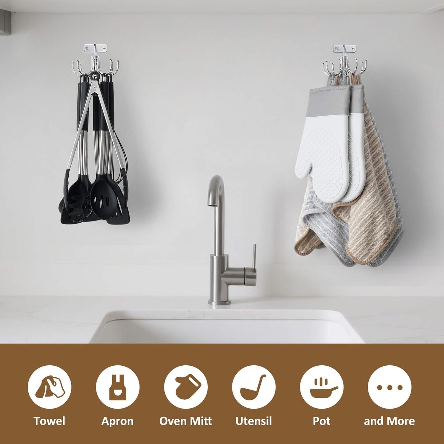 ZEDODIER Kitchen Cooking Utensil Holder, 360° Rotating Kitchen Hooks for Hanging Utensils, Heavy Duty Metal Utensil Rack with 8 Storage Capacity for Utensil, Towel, Pot, Glove, Aprons, Silver