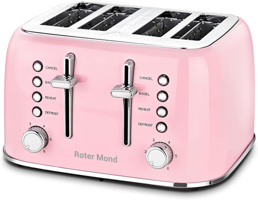 Toaster 4 Slice Retro Stainless Steel with Extra Wide Slots Bagel, Defrost, Reheat Function, Dual Independent Control Panel, Removable Crumb Tray, 6 Browning Levels, Pink