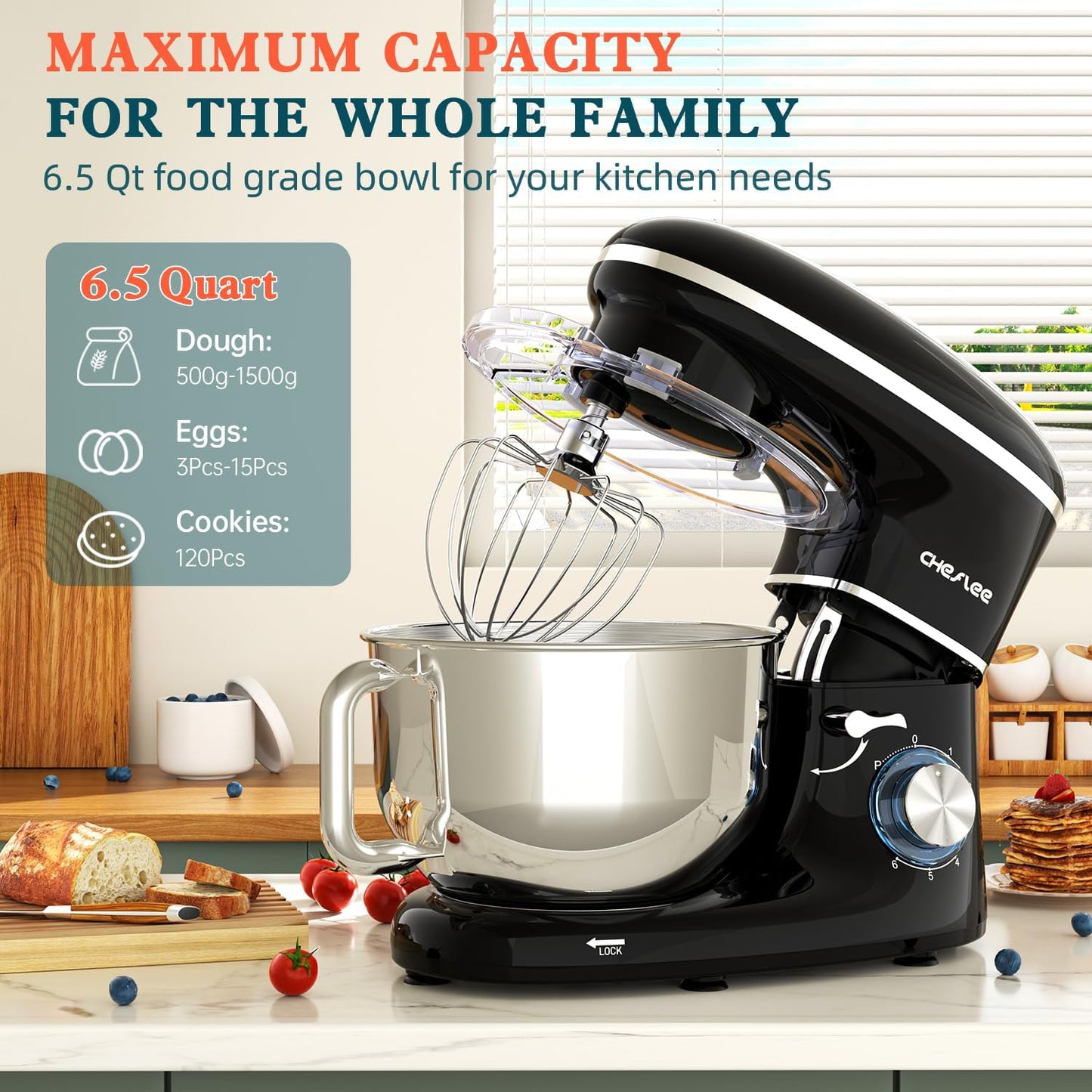 CHeflee Stand Mixer,660W 6+P With 6.5QT Stainless Steel Bowl,Dough Hook, Wire Whip & Beater,for Most Home Cooks,Black