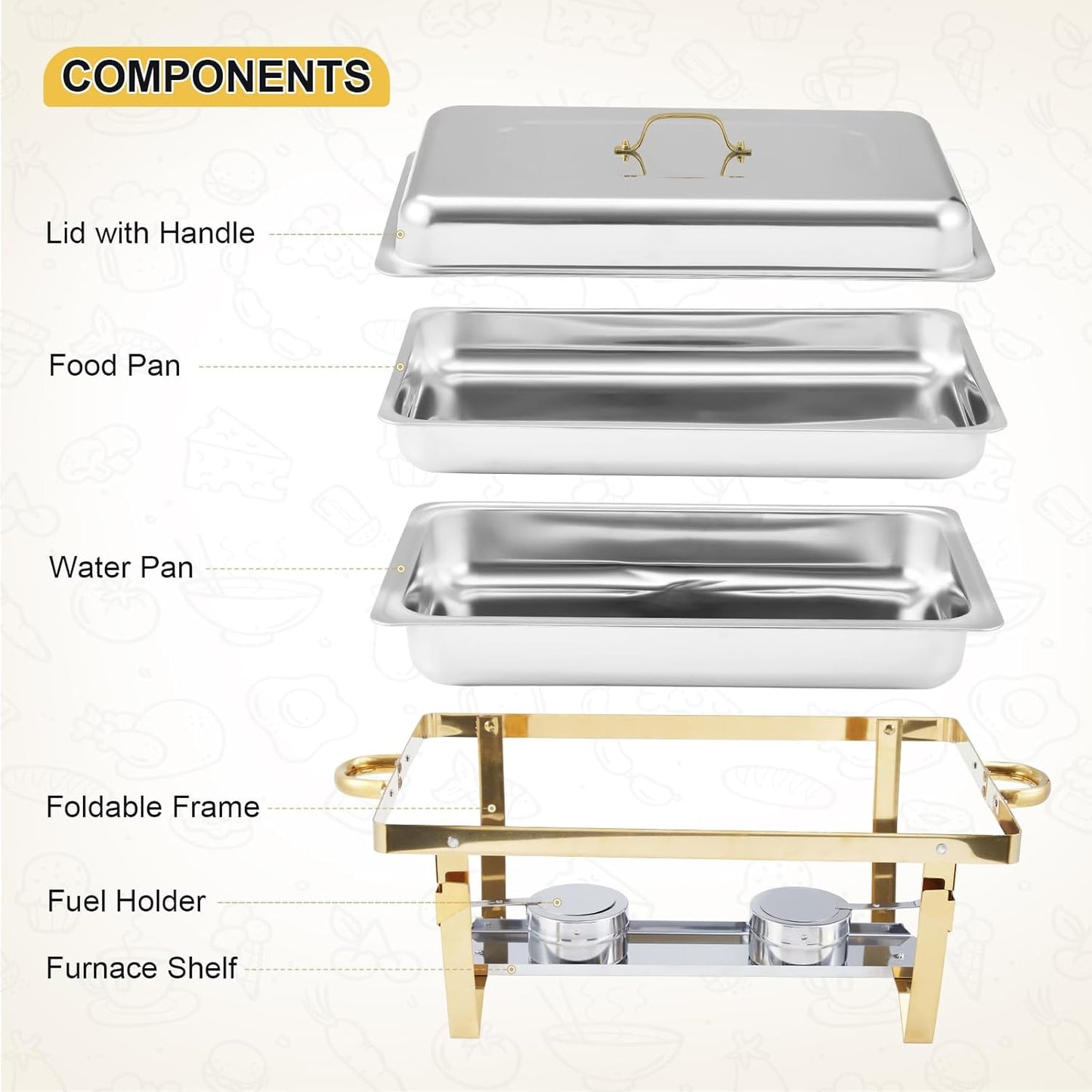 GarveeHome 4 Pack Chafing Dishes for Buffet, 8 Qt Stainless Steel Chafers and Warmers Sets with Lid, Rectangle Serving Food Warmer Catering Supplies Buffet Display for Party, Gold