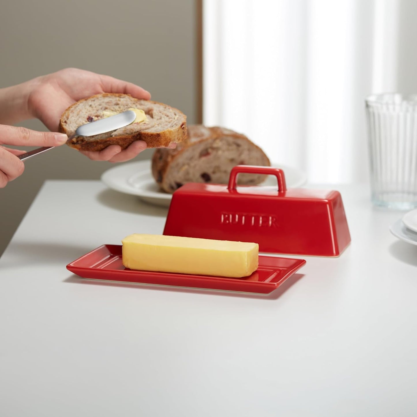 Butter Dish with Lid for Countertop, by Kook, Ceramic Dish Tray with Cover, Kitchen Keeper, Container, Holder, Holds 1 Stick, Microwave and Dishwasher Safe, Red