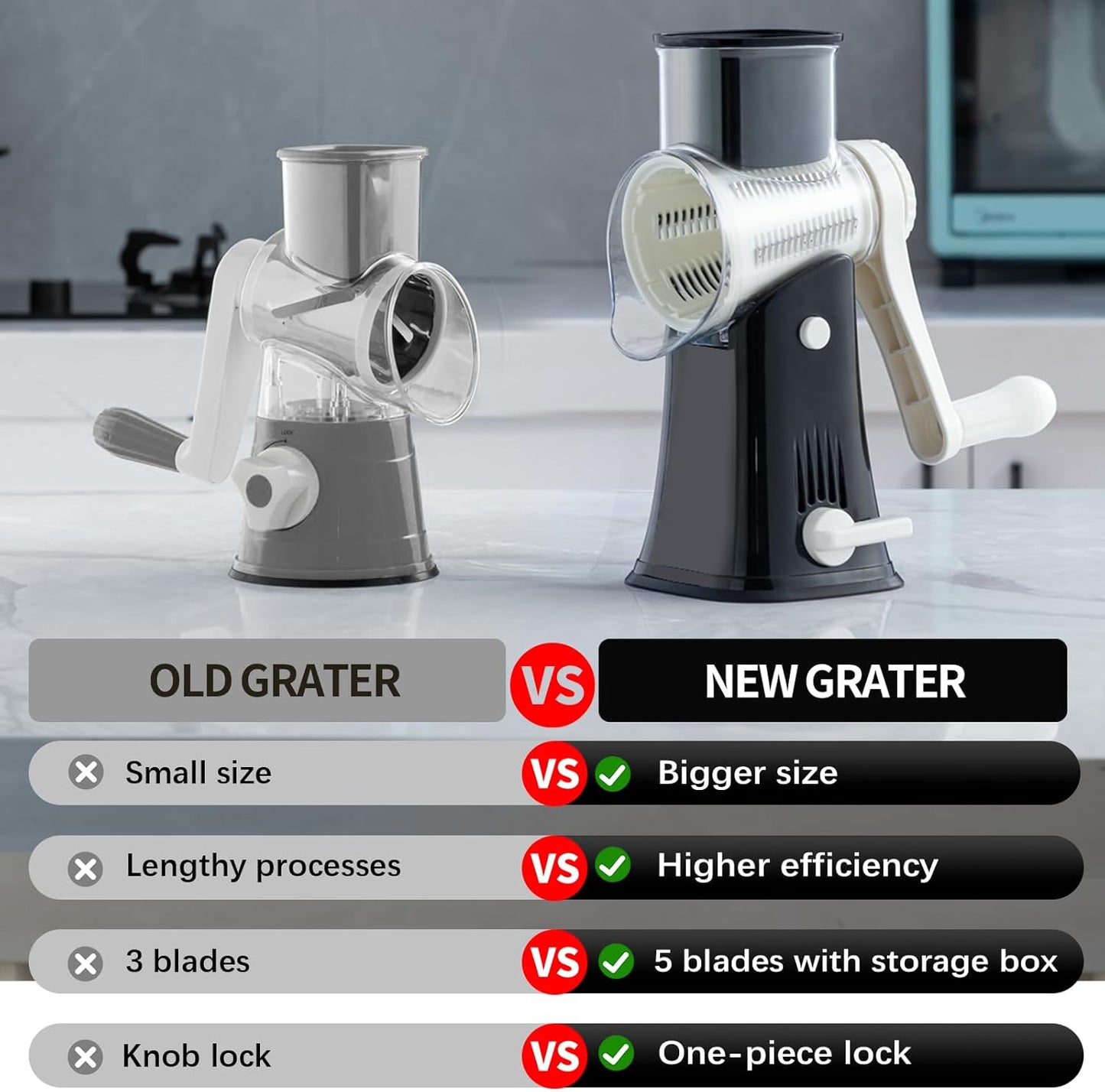 Rotary Cheese Grater, 5 in 1 Rotary Grater, Replaceable Stainless Blades Cheese Shredder, Cheese Slicer, Cheese Grater Hand Crank, Easy to Clean Kitchen Gadgets with Storage Box