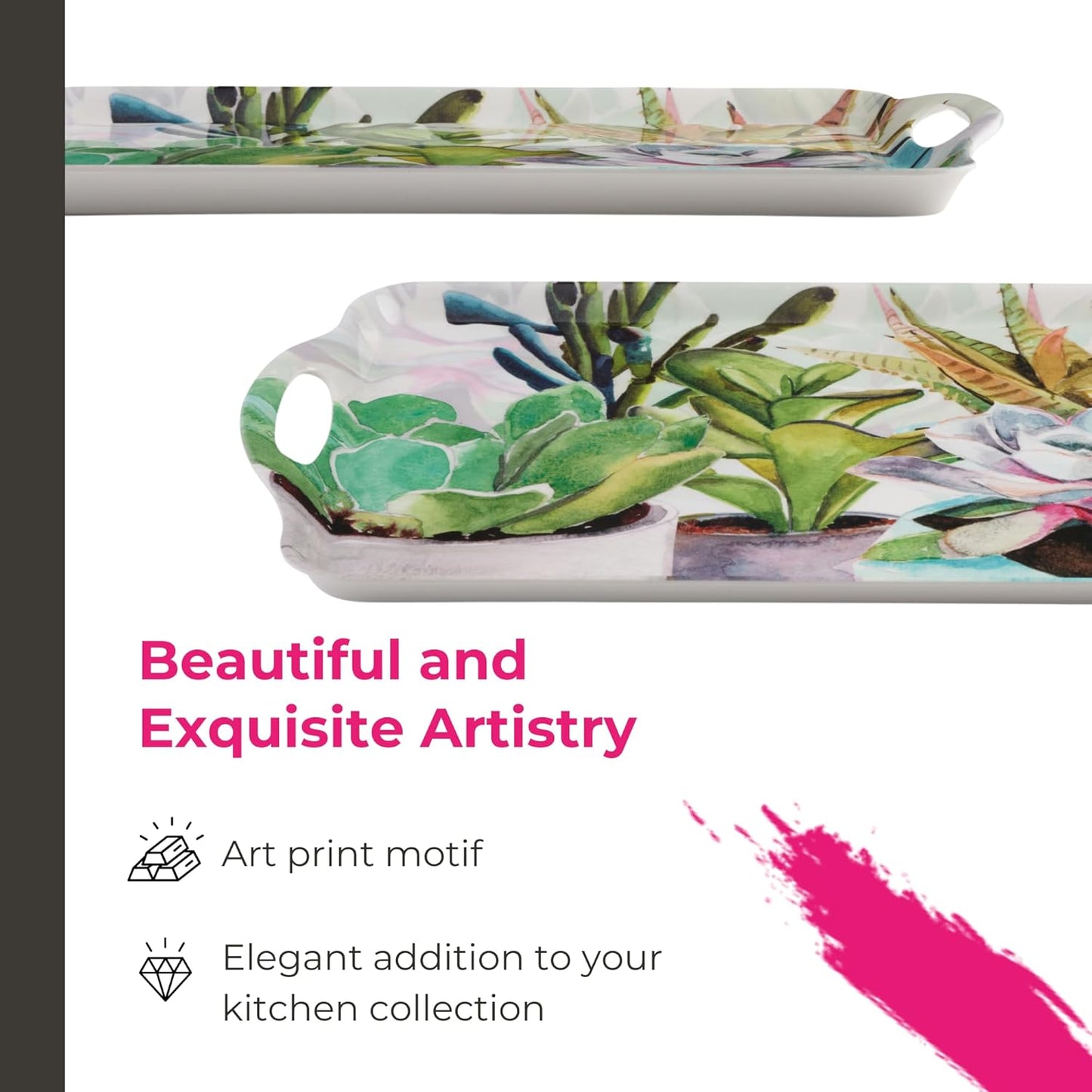 Pimpernel Succulents Large Handled Tray - 18.9" x 11.6" Melamine Serveware with Botanical Design - Dishwasher-Safe Decorative Breakfast & Coffee Tray for Hosting & Everyday Use
