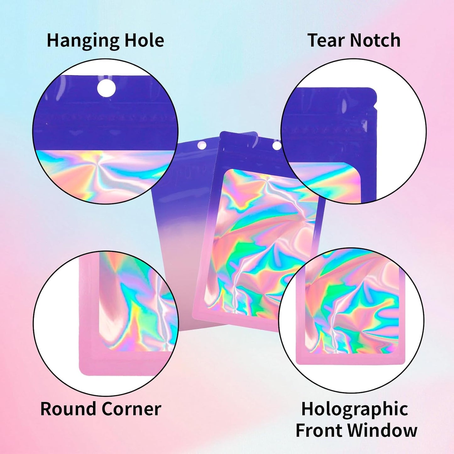 200 Pack Resealable Mylar Holographic Bags Food Storage Smell Proof Bags with Front Window Foil Packaging Pouch for Candy Sample Jewelry Small Business 3.54×6.29 Inch, Blue Fade Purple