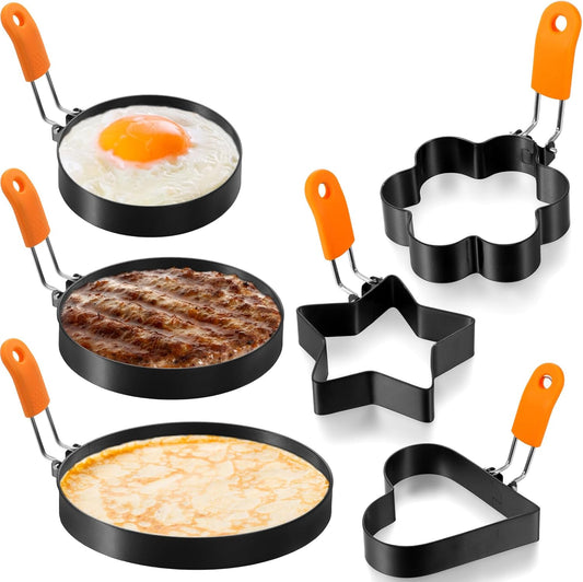 Patelai 6 Pcs Egg Ring Pancake Ring Set Stainless Steel Fried Egg Molds Griddle Pancake Shapers with Silicone Handle for Breakfast Omelette Sandwich(Assorted Style,4 Inch, 6 Inch, 8 Inch)