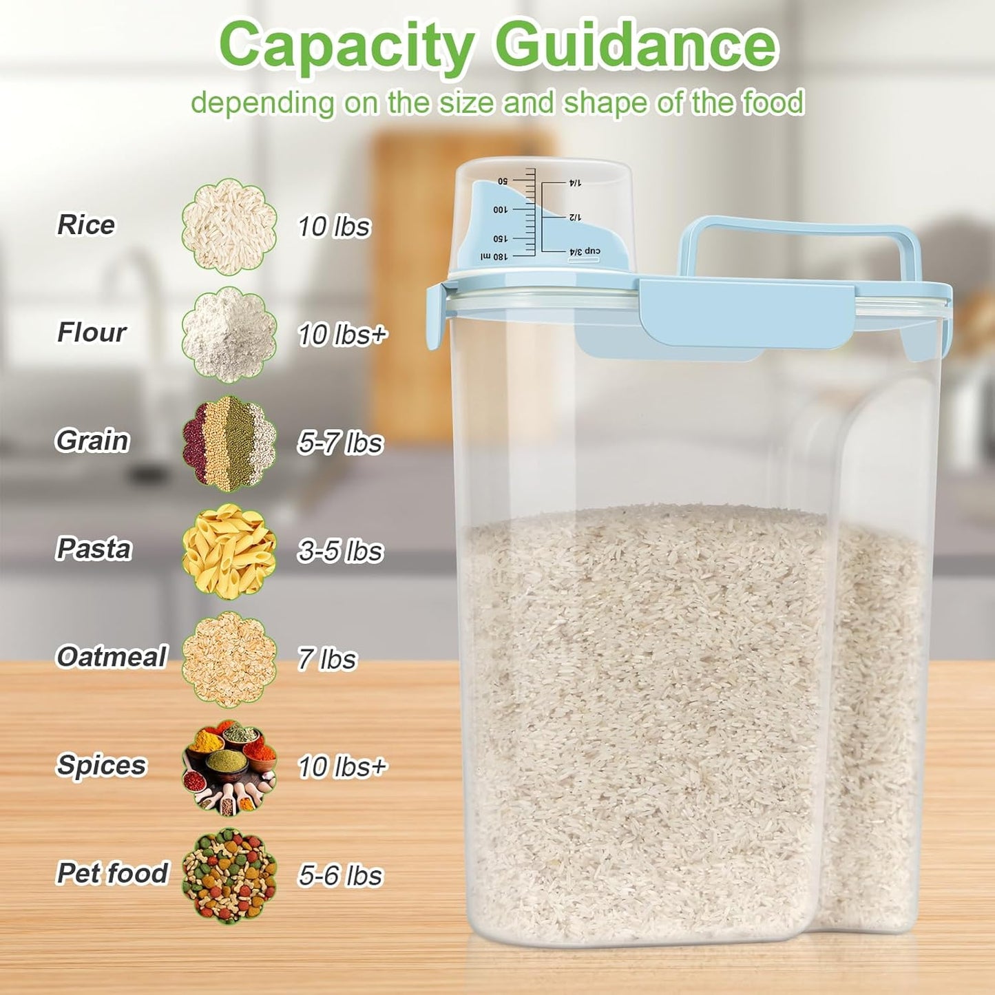 Rice Storage Container, Cereal Containers Storage, Dry Food Airtight Dispenser BPA Free, Clear Plastic Kitchen and Pantry Organization Bin (1, Sky blue, 5.28Qt)