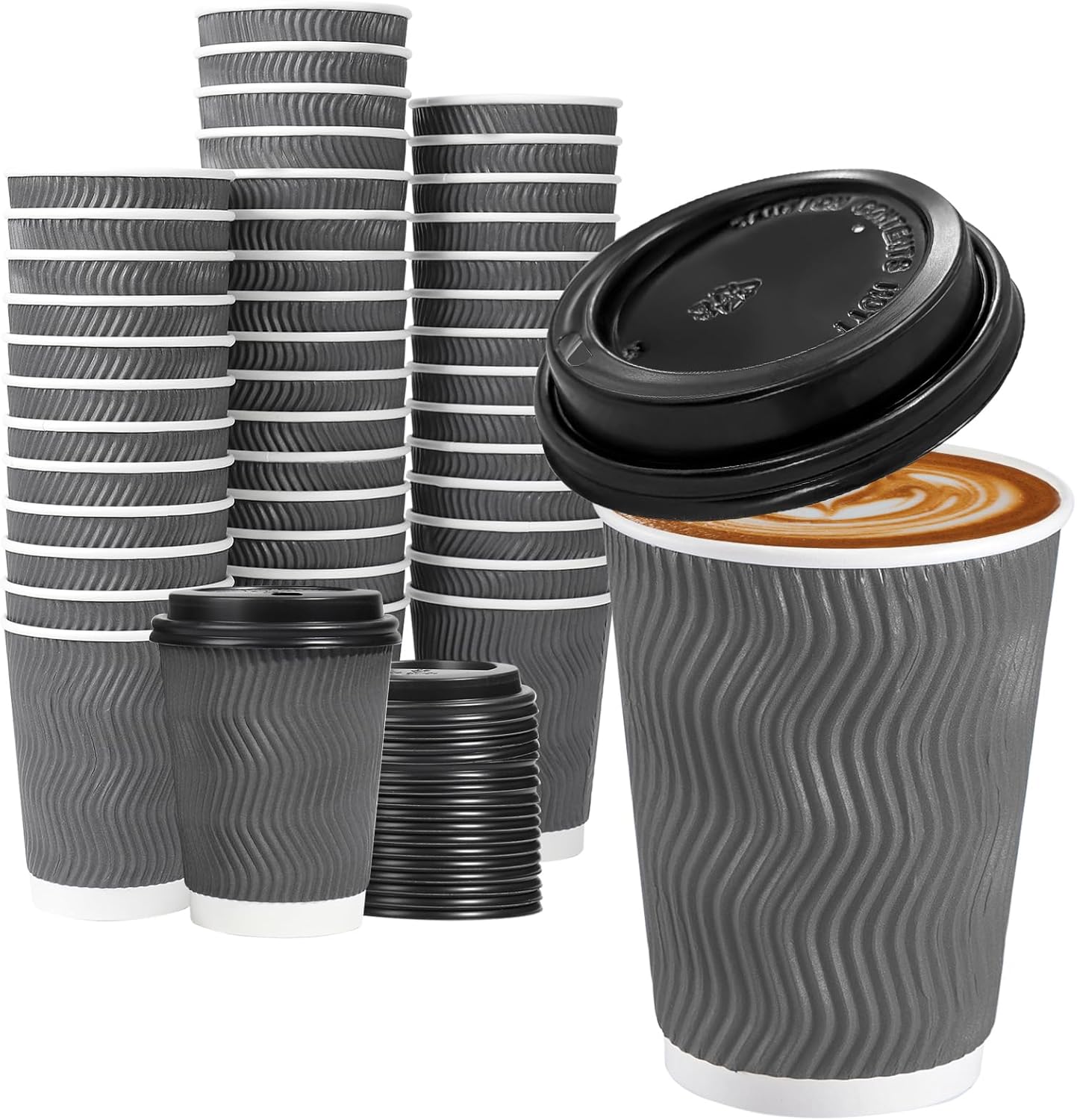 Lamosi 50 Pack - 12 oz Insulated Disposable Coffee Cups with Lids, To Go Paper Coffee Cups with Lids, Corrugated Ripple Wall Cup for Hot Drink Office Coffee Bar