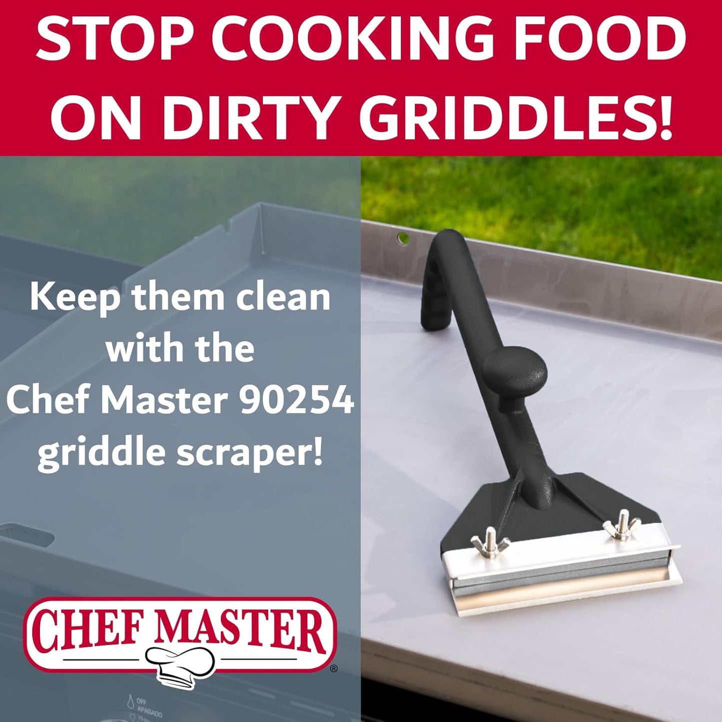 Chef Master Griddle Scraper w/Replacement Blade & Grill Scrubber Combo, Commercial Flat Iron Grill Griddle Scraper for Home, Diner, Bar & Restaurant, Flat Top Iron & Blackstone Accessories - 90254
