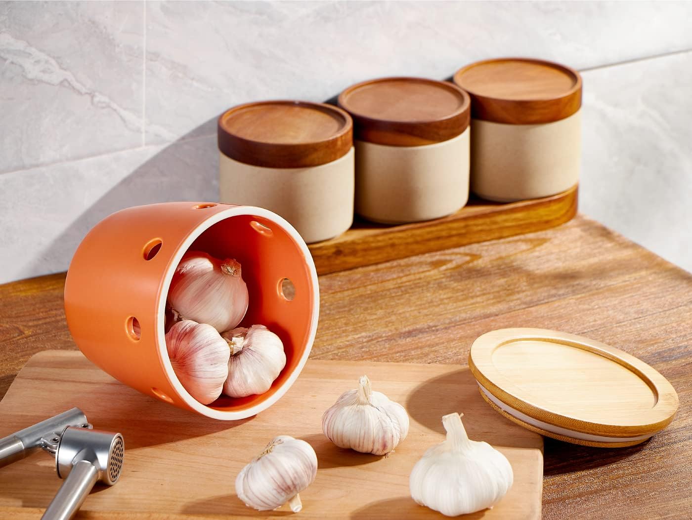 ONEMORE Large Garlic Keeper with Lid, Ceramic Garlic Saver 5 inch, Garlic Keeper for Counter, Orange