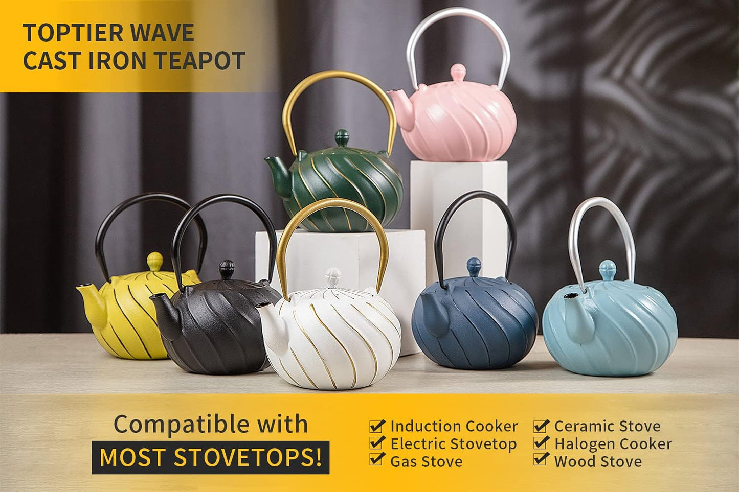 Stovetop Tea Kettle, TOPTIER Japanese Cast Iron Tea Kettle with Infuser for Loose Leaf and Tea Bags, Cast Iron Teakettle Coated with Enameled Interior for 40 oz (1200 ml), Midnight Black