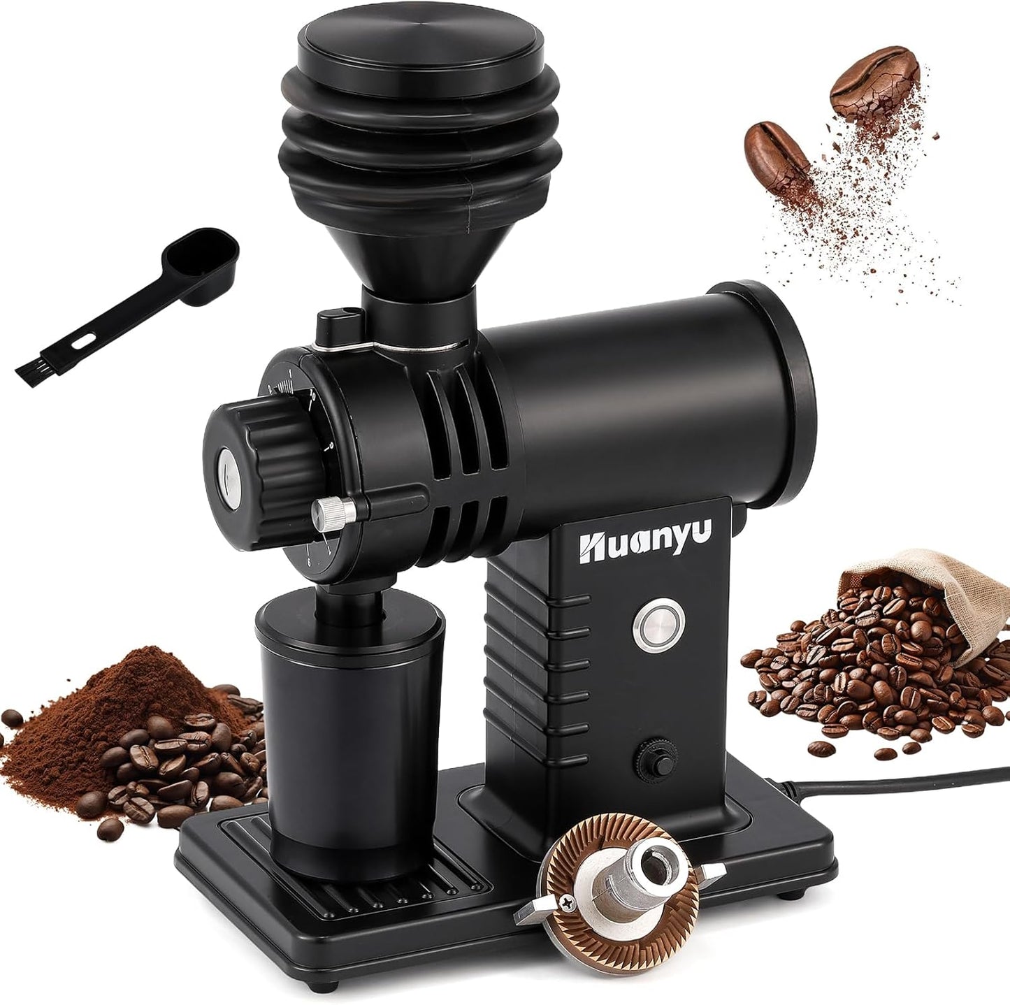 Huanyu Espresso Grinder with Titanium Flat Burr Electric Coffee Grinder with Hopper Bellows 10 Precise Grind Setting Coffee Grinders for Home Use Black