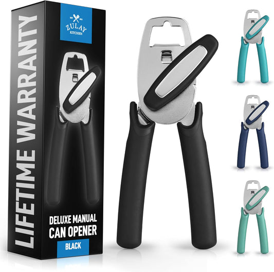 Zulay Kitchen Heavy Duty Stainless Steel Manual Can Opener – Ergonomic Soft Grip Handles, Smooth Edge Cutting Wheel & Large Built In Bottle Opener – Easy Turn Knob for Effortless Use - Black