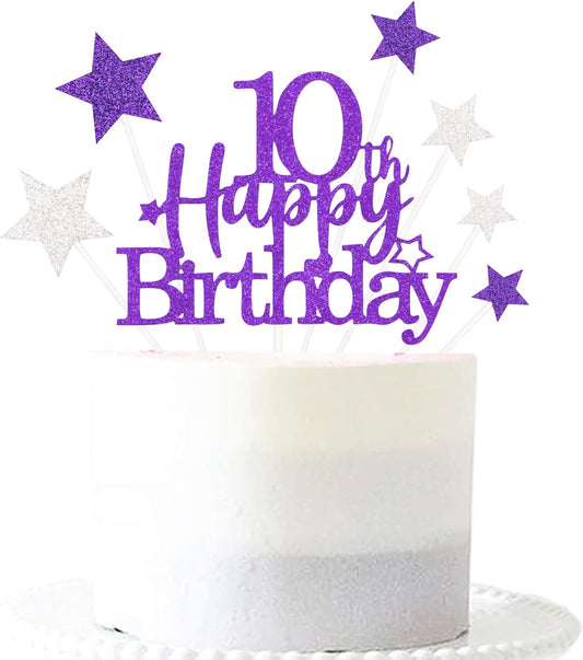 Glittery 10th Happy Birthday Cake Topper with Star,Personalised 10 Birthday Cake Toppers Party Decorations Party Supplies for Boys Girls Purple Silver
