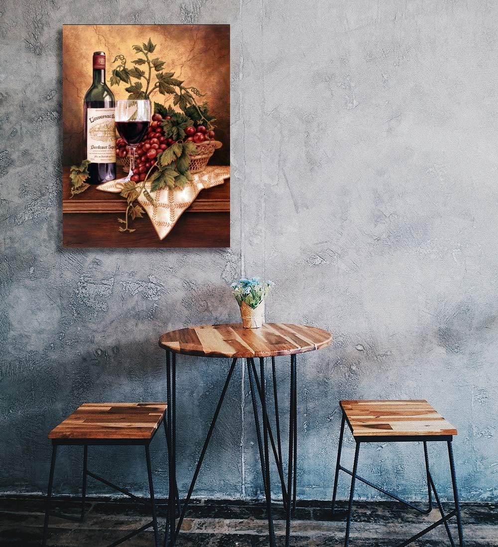 Looife Kitchen Wine Bottle Canvas Wall Art, 24x36 Inch Vintage Red Wine Glass Cup with Grapes Picture Prints Wall Decor, Modern Art Deco for Dining Room and Bar Wall Decoration