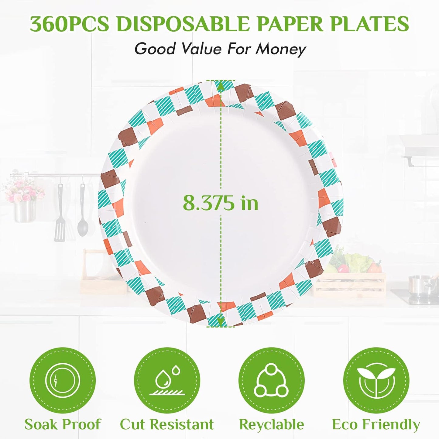 FOCUSLINE 360pack Paper Plates 8.375 Inch, Disposable Paper Plate Bulk 360 Count, Soak-Proof & Cut-Proof Bulk Plate for Parties, Picnic and Family Gatherings.