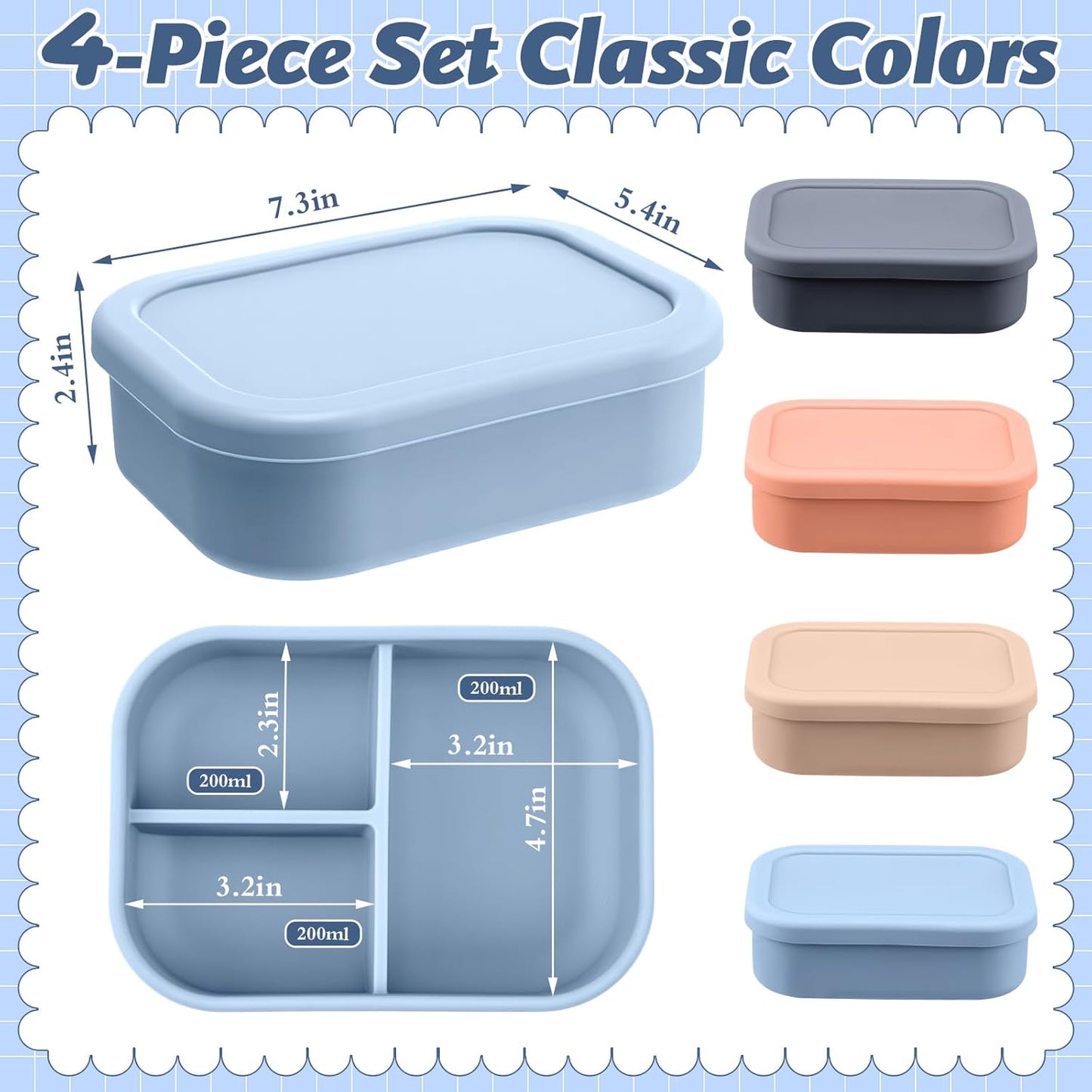 Honeydak 4 Pcs Silicone Bento Lunch Box 3 Compartment Reusable Leakproof Silicone Bento Lunch Container for Adults Microwave Dishwasher Freezer Safe(Grey,Blue,Khaki, Orange)