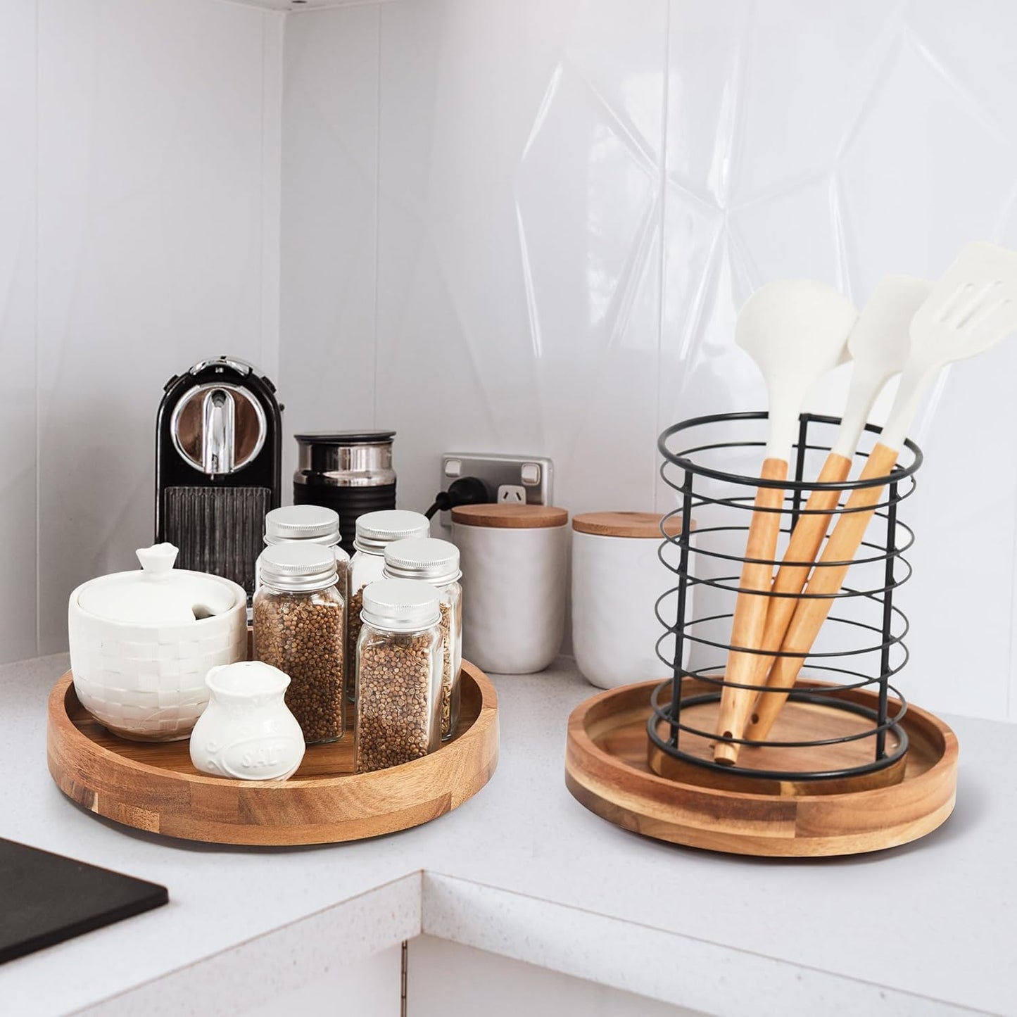 12 Inch Acacia Wood Lazy Susan Organizer for Cabinet, Lazy Susan Turntable for Countertop Table Pantry, Kitchen Turntable Storege Container