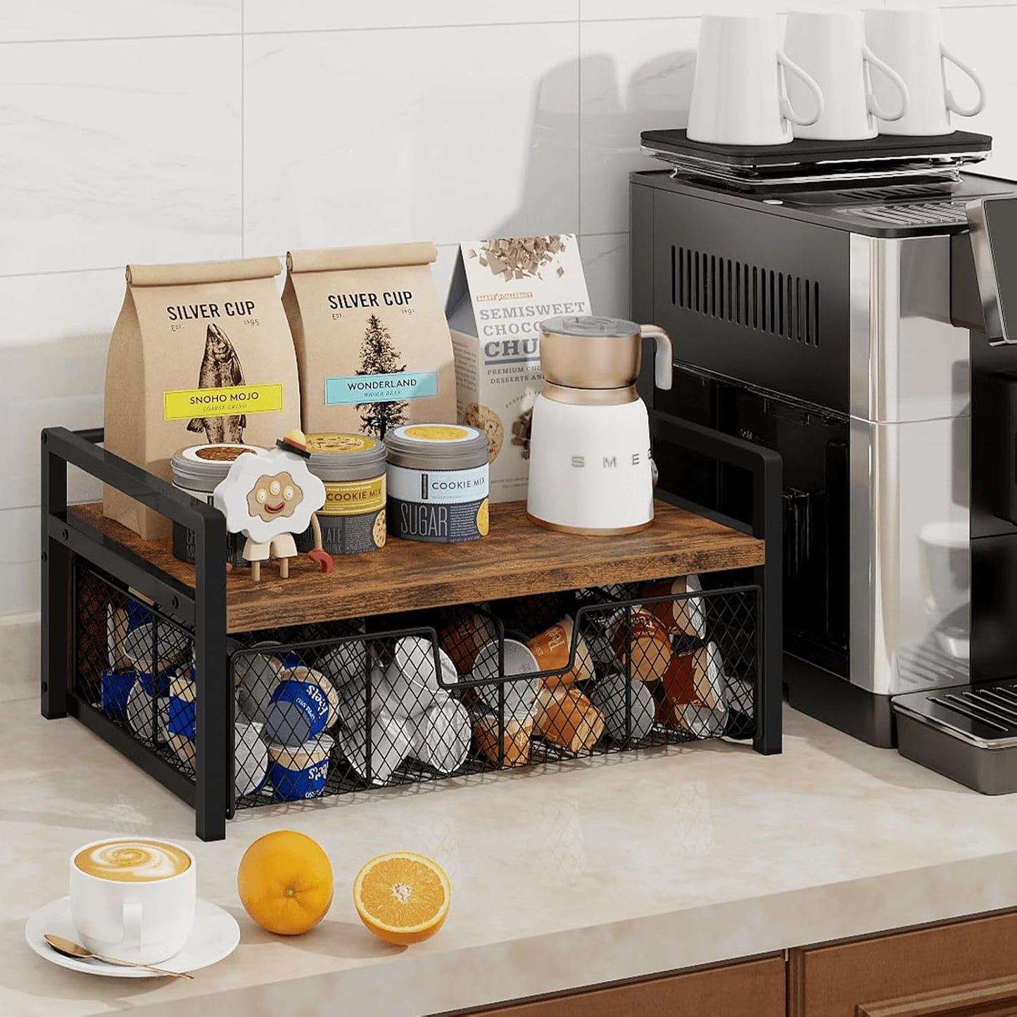 Homode Tea Bag Organizer, Wood Tea Organizers and Storage Chest, Teabag Holder with Storage Drawer,Tea Station Chest Display Container Box for Countertop Kitchen, Rustic Brown