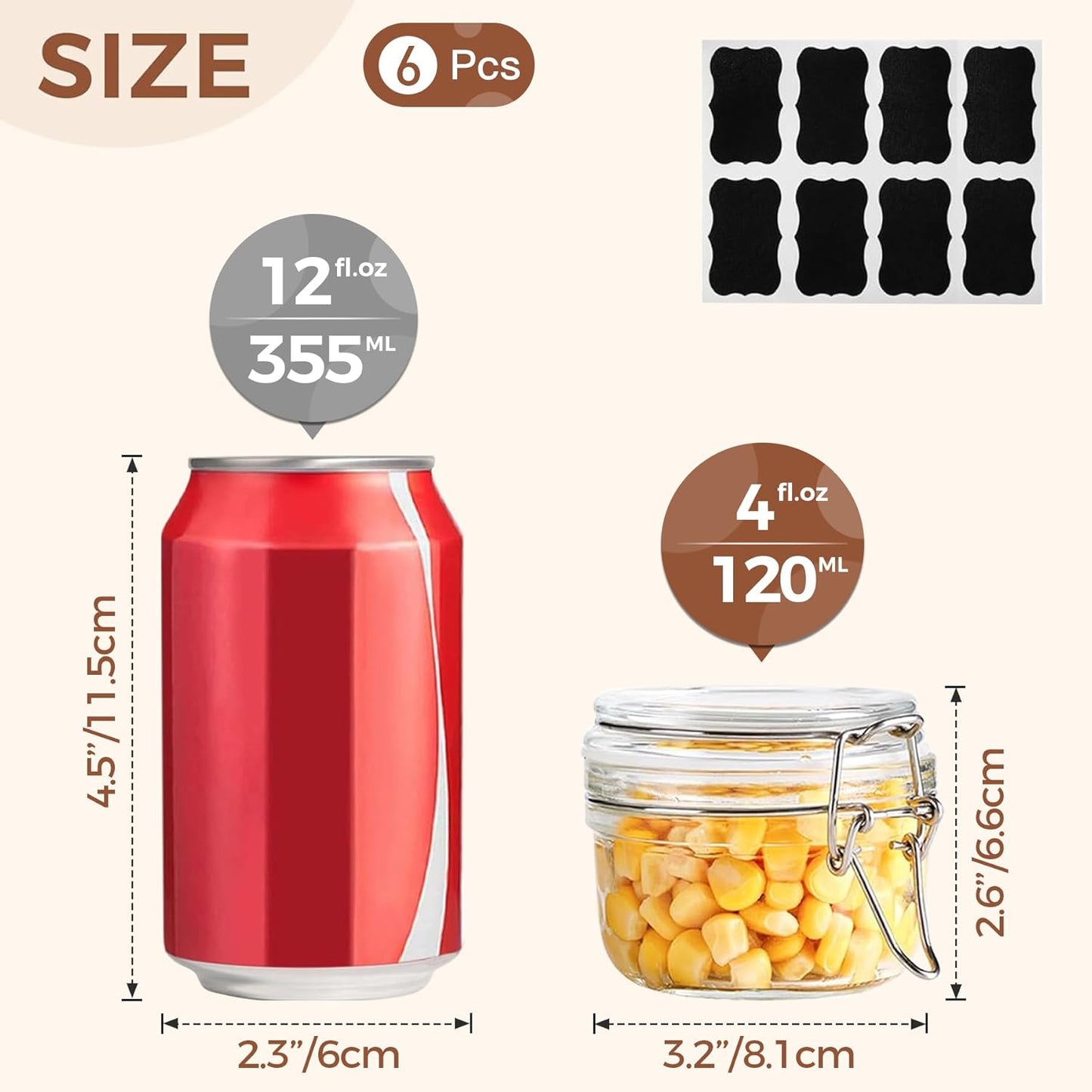 ComSaf 4oz Small Airtight Glass Jars Set of 6 with Lids Food Storage Jar Round, Mason Jar, Mini Storage Container with Clear Preserving Seal Wire Clip Fastening for Kitchen Canning, Jam, Spice, Honey