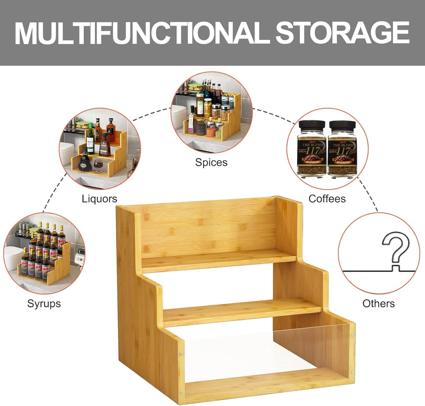 Liquor Bottle Display Shelf Bar Shelves - Bamboo 12 Bottle Syrup Rack for Coffee Bar, Wine Bottle, Spices, Liquor and Whiskey Bottle Display