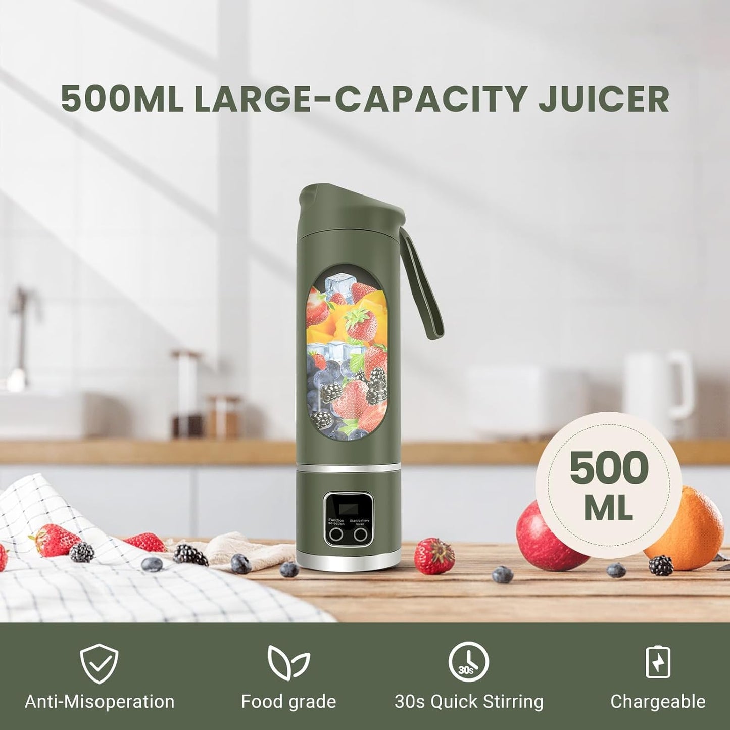 Portable Personal Electric USB Juicer，500ML Mini Blender Portable Blender For Shakes and Smoothies juice，12 Blades Great for Mixing，Compact、Convenient and Versatile (Green)