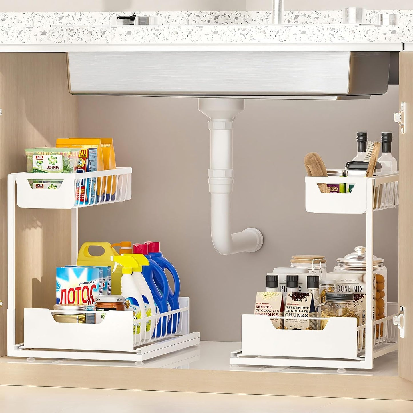 Under Kitchen Sink Organizers and Storage Pull Out 2 Tier Metal Bathroom Cabinet Organizer (White, 2 Pack)
