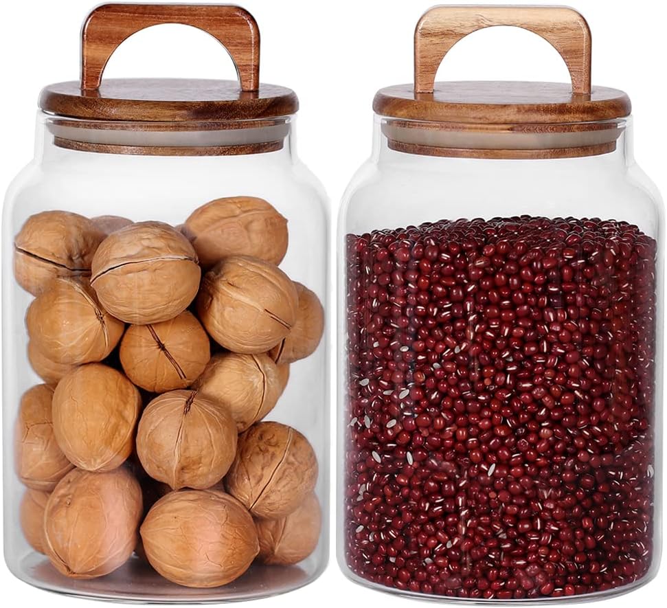 SAIOOL Canister Set of 2, Glass Kitchen Canisters with Airtight Acacia Lid, Tall Clear Airtight Food Storage Jar, Kitchen Pantry Storage Container for Noodles Flour Cereal Coffee