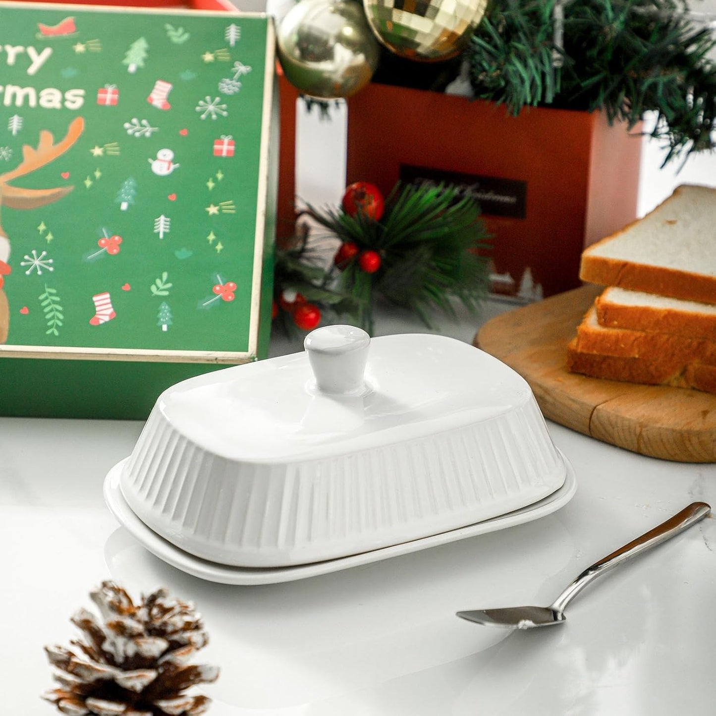 Hansense Porcelain Butter Dish with Lid for Countertop, Ceramic Butter Keeper with Handle Cover, Butter Holder Container Perfect for East and West Coast Butter, Dishwahser Safe, White