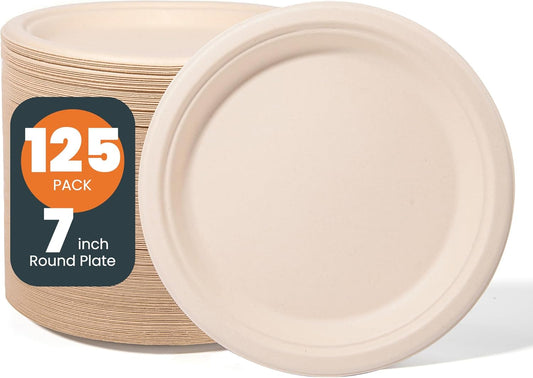 100% Compostable Plates - 125-Count Heavy Duty, Biodegradable Bagasse Plates - Eco Friendly and Sustainable (Natural, 7 inch)