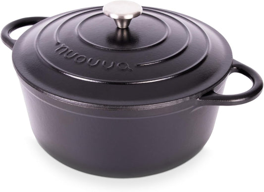 Nuovva Enamelled Cast Iron Dutch Oven Pot with Lid – 6.4 Quart Non Stick Casserole Pot – Heavy Duty & Oven Safe up to 500° F for Bread Baking, Braising, Stews, Roasting – 28cm Black