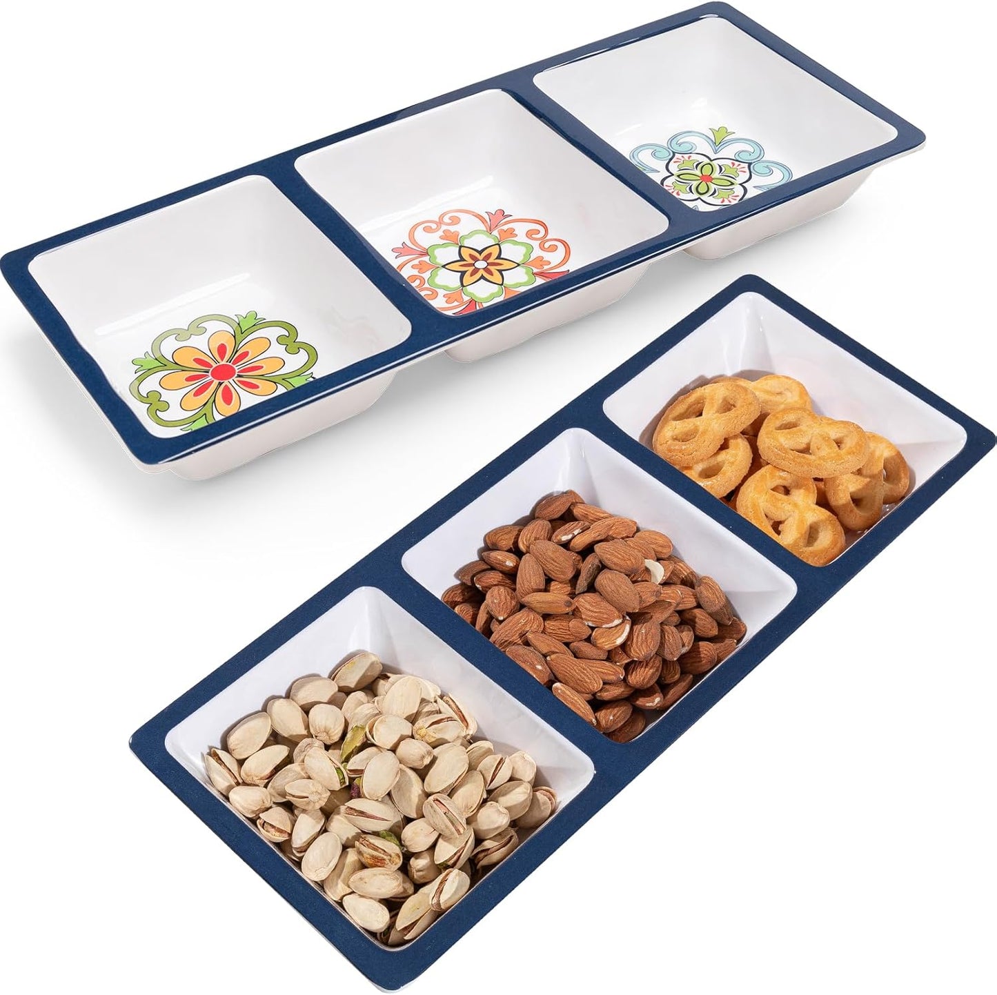 3-Section Divided Serving Trays, Talavera 14.75”x 6” Unbreakable Melamine Serving Platter for Serving Food, 3 Compartment Condiment Tray, Rectangular Condiment Server Set of 2