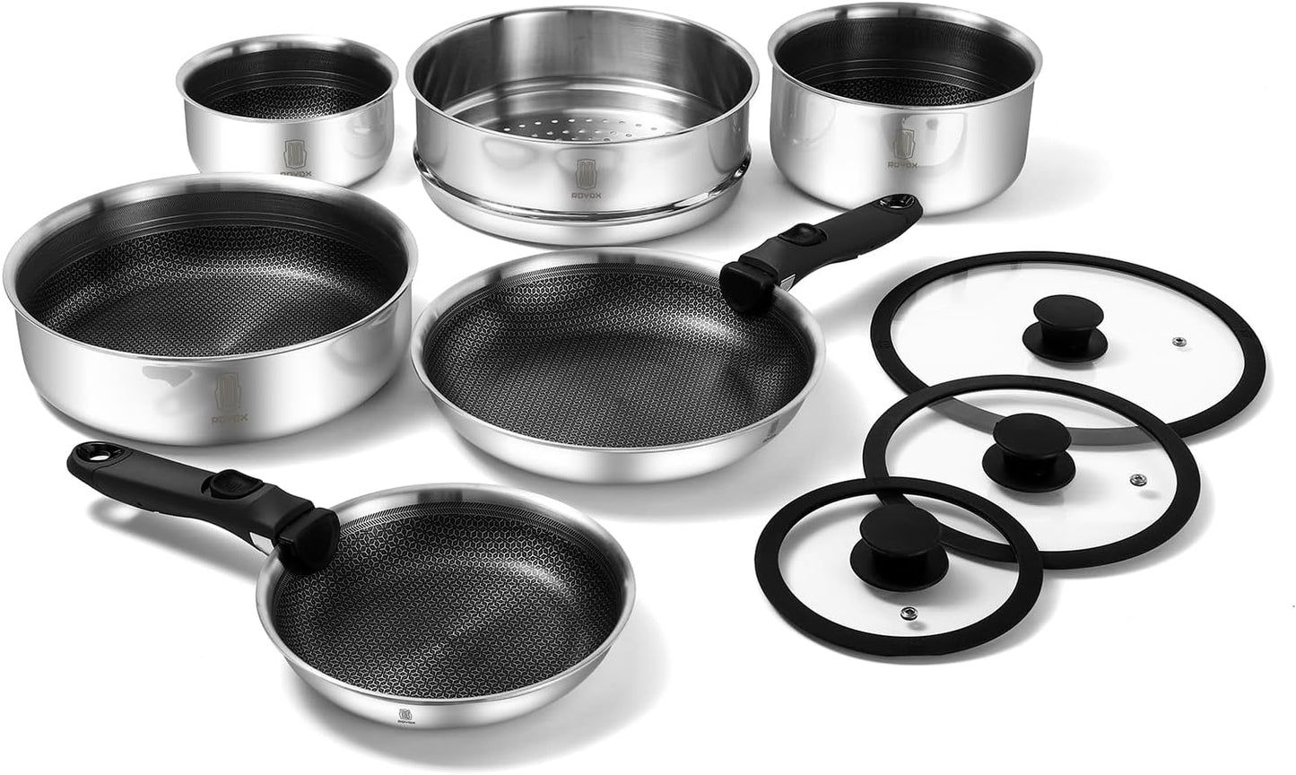ROYDX New Model Hybrid Nonstick Cookware Set 19-Piece Stainless Steel Pots and Pans Set with Removable Handles, Save Space,Dishwasher and Oven Safe, Induction Ready, Compatible with All Cooktops