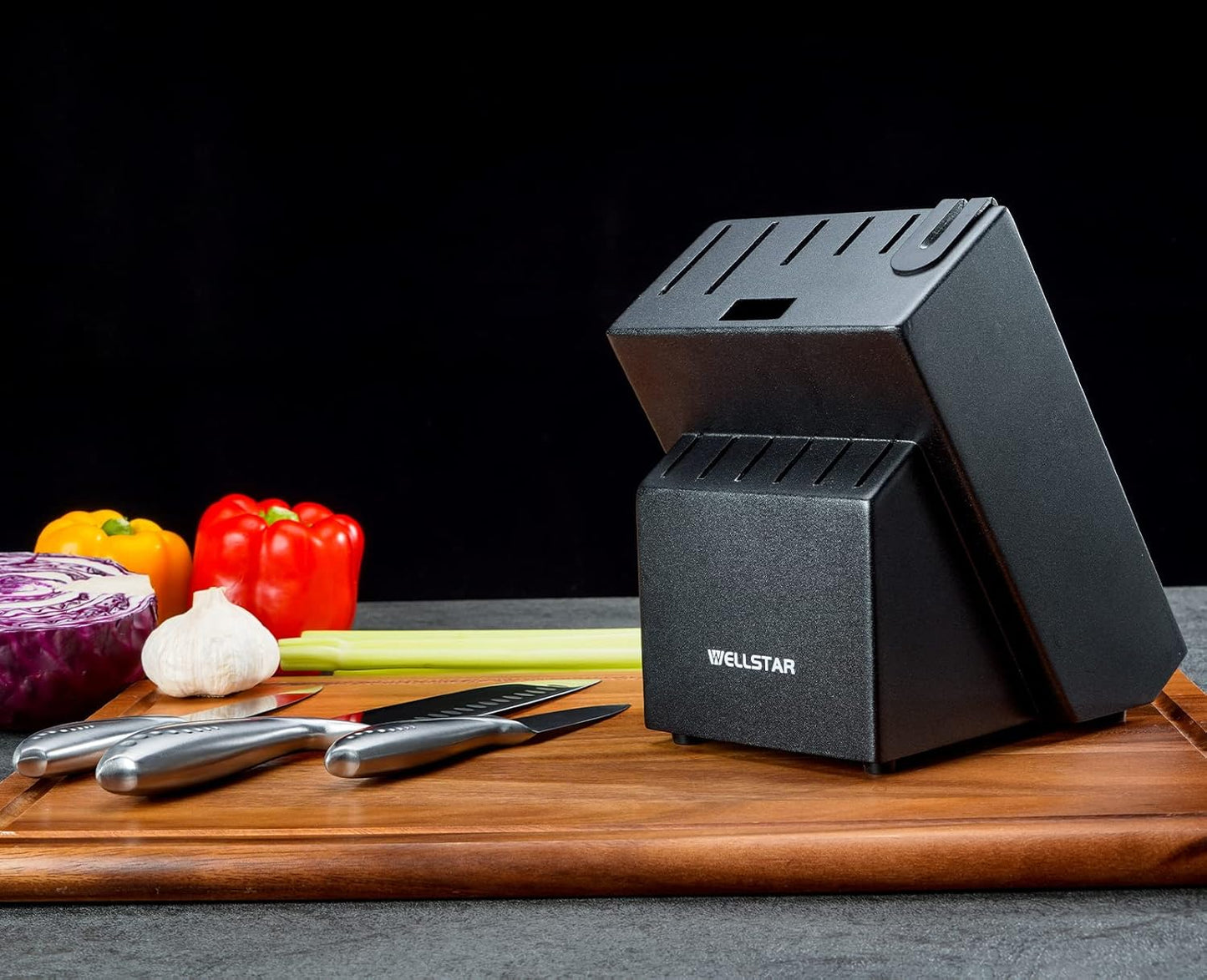 12 Slot Kitchen Knives Block, WELLSTAR Natural Wood Knife Holder without Knives – Hard Wood Countertop Knife Storage with Built-in Knife Sharpener - Black