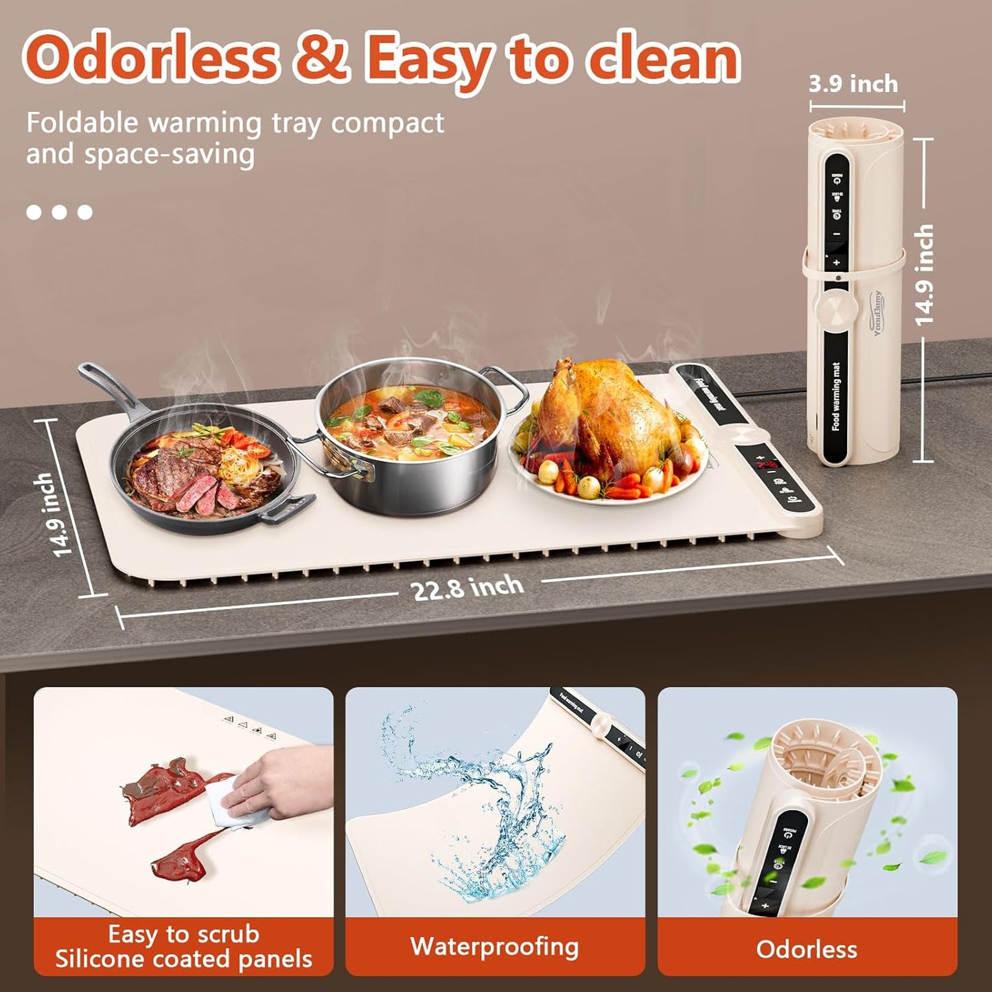 Warming Mat for Food - Electric Warming Tray with 9 Temperature Settings and 6 Hours Timer Food Warming Mat with Full Surface Heating for Buffets Party Gatherings(Beige)