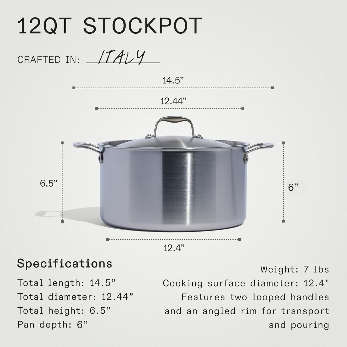 Made In Cookware - 12 Quart Stainless Steel Stock Pot With Lid - 5 Ply Stainless Clad - Professional Cookware - Crafted in Italy - Induction Compatible