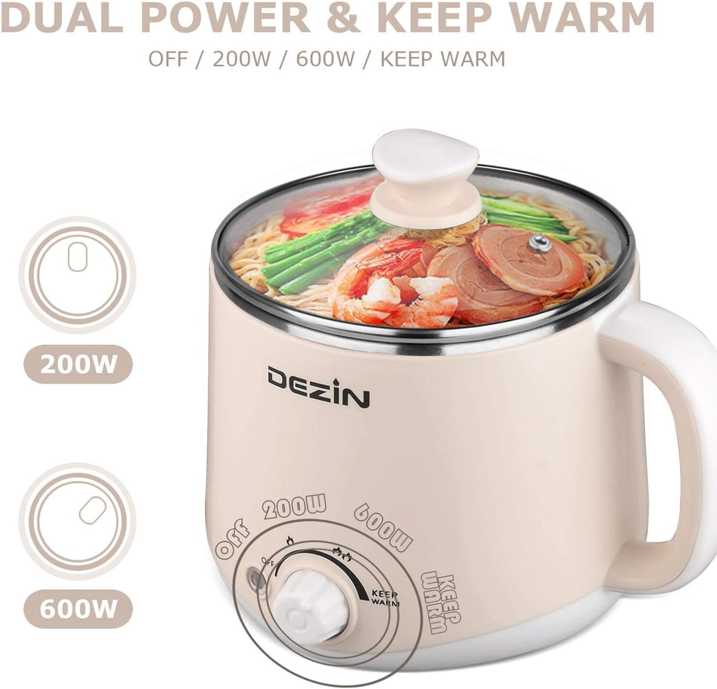 Dezin Electric Pot, 1.6L Ramen Cooker, Hot Pot Electric Stainless Steel, Multifunctional Cooker for Egg, Pasta, Soup, Porridge, Oatmeal with Temperature Control and Keep Warm Function