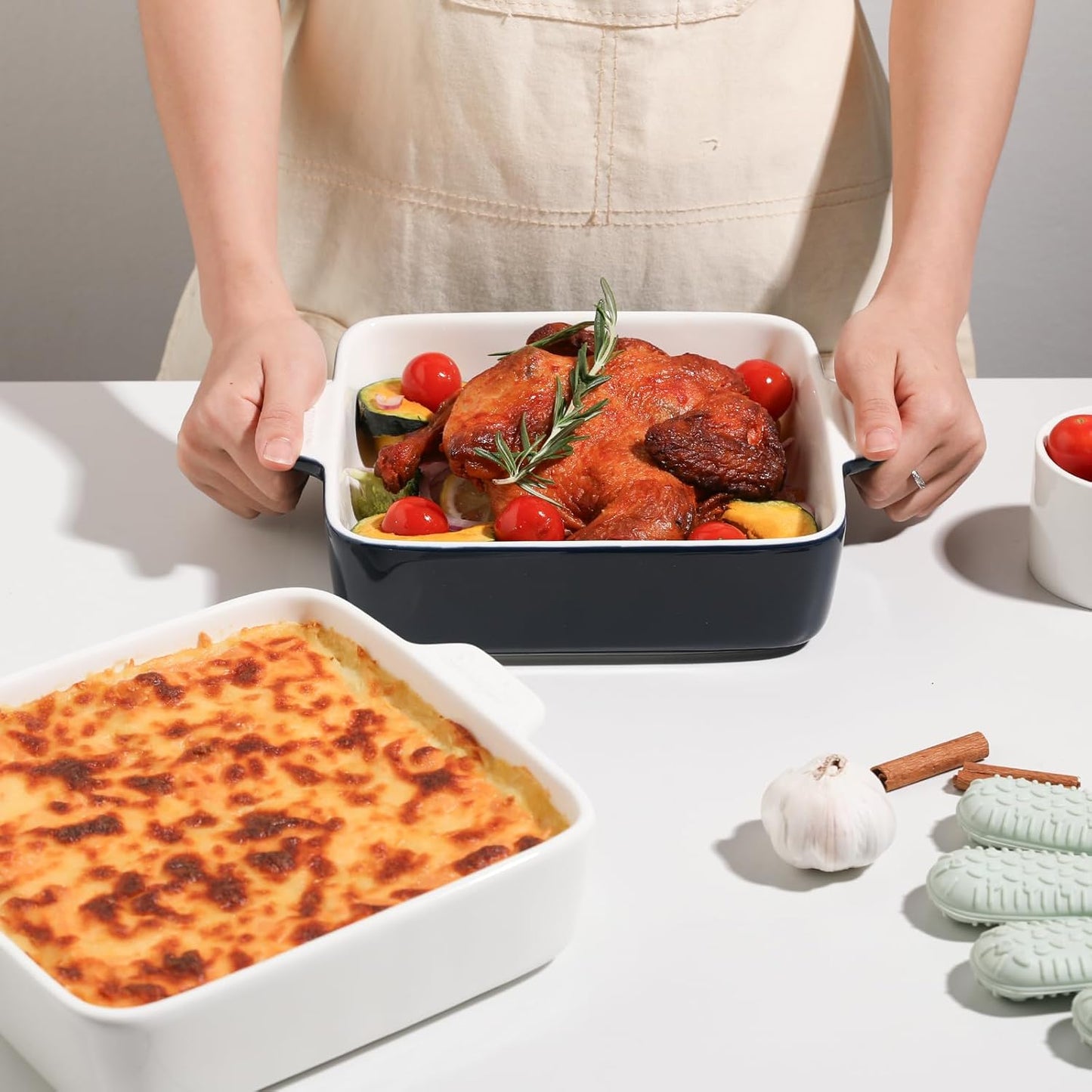 Sweejar Ceramic Baking Dish, 8 x 8 Cake Baking Pan for Brownie, Porcelain Square Bakeware with Double Handle for Casserole, Lasagna, Family Dinner (Navy)