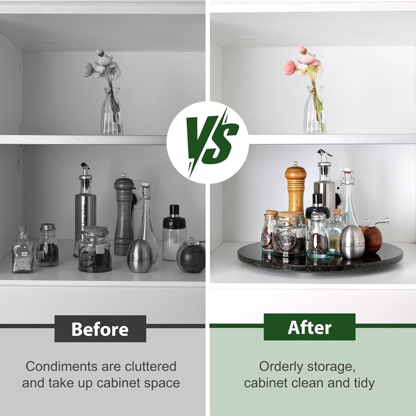 Marble Lazy Susan, 16 in Lazy Susan Turntable Organizer for Cabinet Pantry Kitchen Countertop Fridge Bathroom Makeup Vanity Countertop - Black