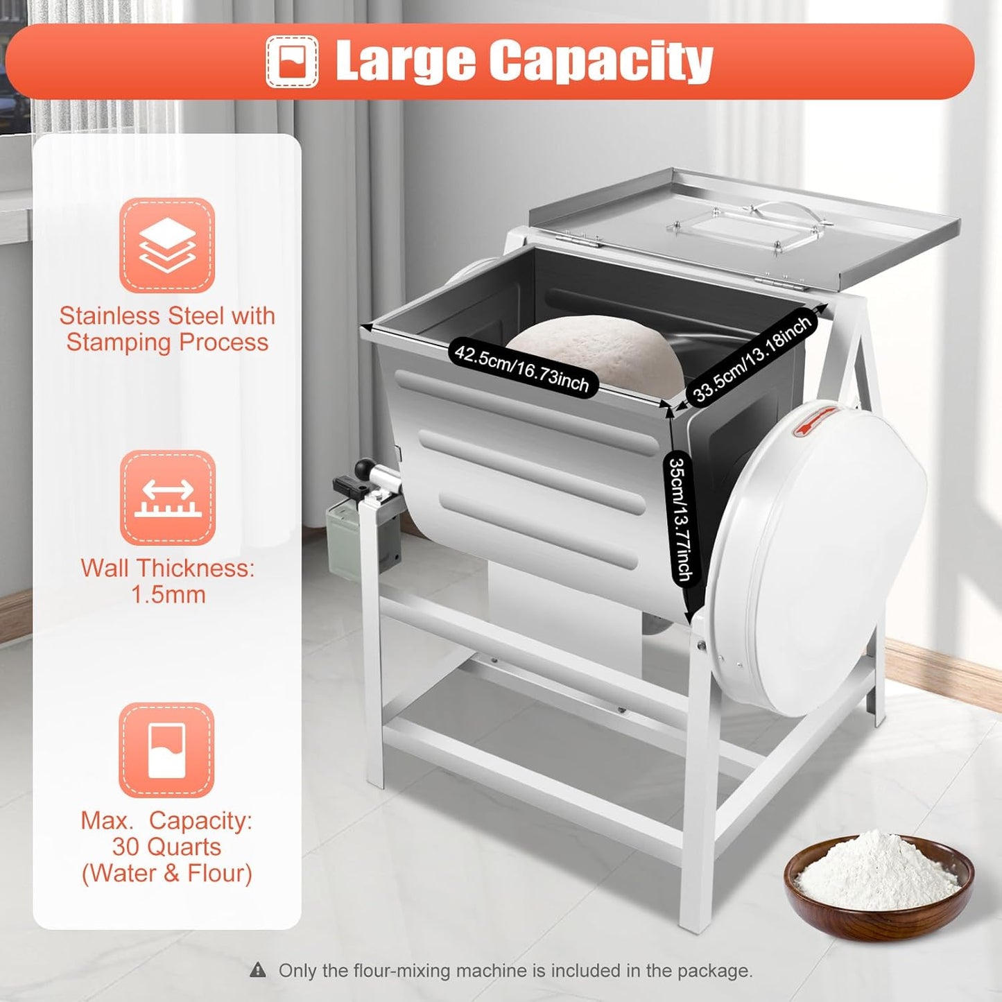 Commercial Dough Mixer Electric, 30Qt 1500W 201 Stainless Steel Large Dough Maker Machine, Heavy Duty Flour Mixing Machine, Bread Mixer for Restaurant School Bakery