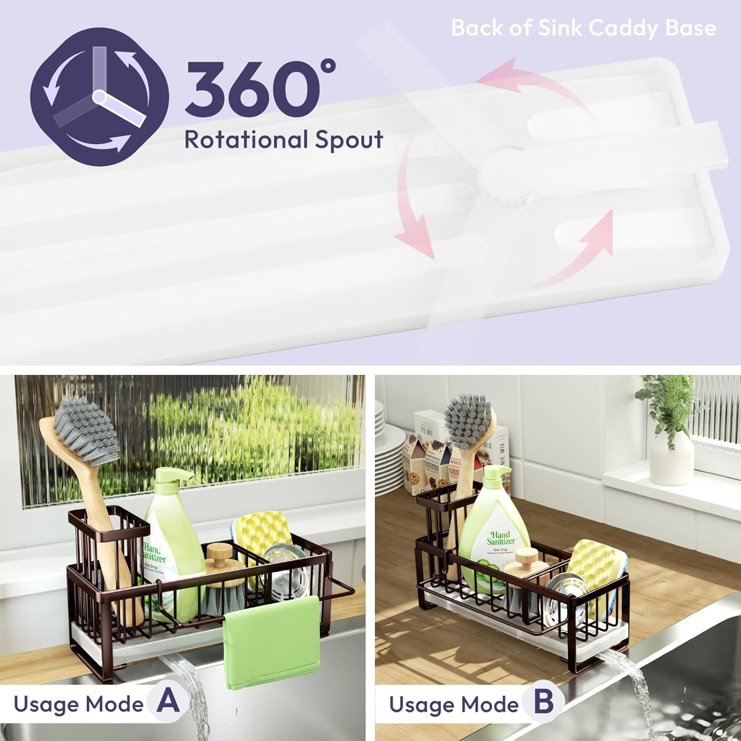 SWTYMIKI Sponge Holder for Kitchen Sink - Sink Caddy with Brush Holder Self-draining Sponge Caddy Organizer with Divider Stainless Steel Kitchen Accessories Storage for Countertop, Bronze