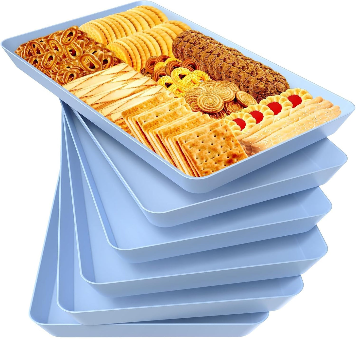 WOWBOX 6 pcs Serving Tray for Entertaining, Serving Platters for Snacks, Fruit, Cookies, Dessert, Reusable Plastic Trays for Serving Food and Pantry Organization in Kitchen & for Parties, (Blue)