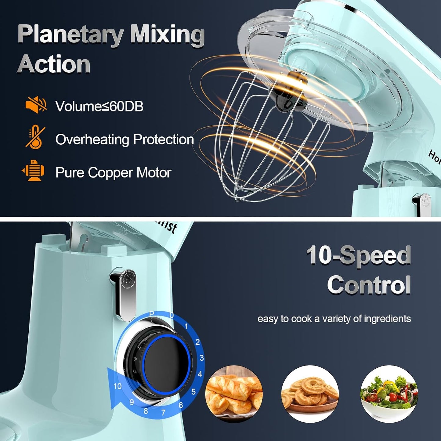 Stand Mixer, 6.5QT 10-Speed Tilt-Head Electric Stand Mixer, 3-In-1 Kitchen Mixer with Bowl, Dough Hook, Whisk and Beater, Food Mixer for Baking, Cake and Most Home Cooks, Blue